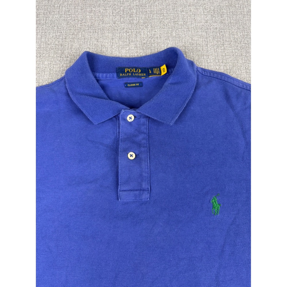 Polo Ralph Lauren Mens Classic Fit Blue Pique Polo Shirt Green Pony Large - Picture 2 of 6